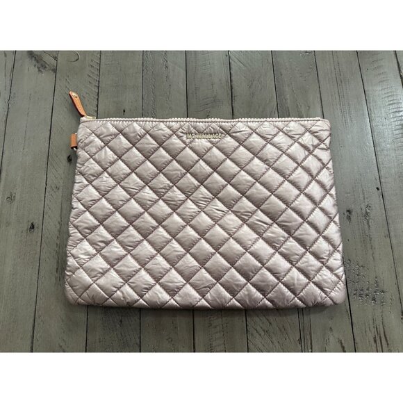 MZ Wallace Medium Metro Pouch Rose Gold Metallic Quilted Nylon Leather Trim - Picture 1 of 4
